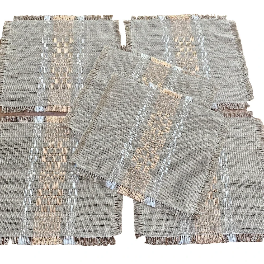 Set of 6 Woven Cocktail Napkins Doilies Tan Peach White Unfinished Fringed Edge